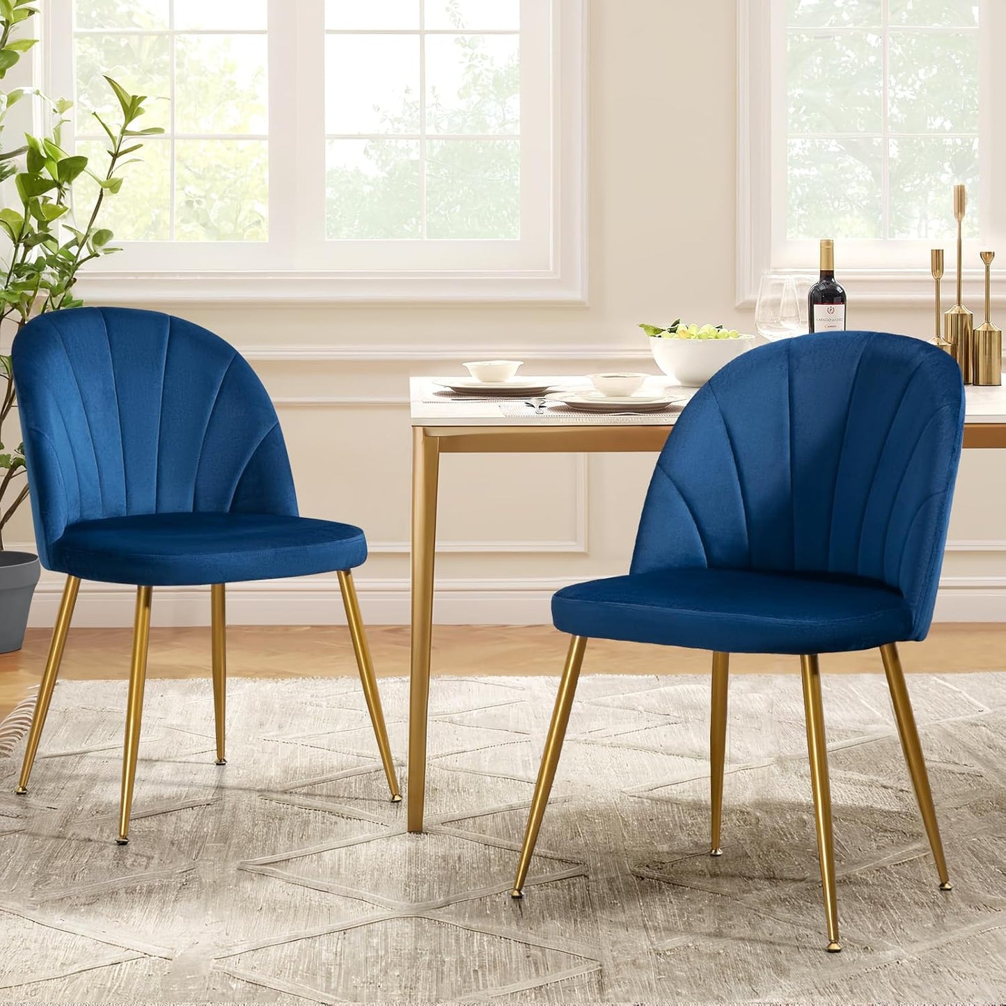 Velvet Dining Chairs Set of 4, Upholstered Mid Century Modern Dining Chairs, Armless Accent Chair with Metal Gold Legs for Living Room, Kitchen, Dining Room, Blue