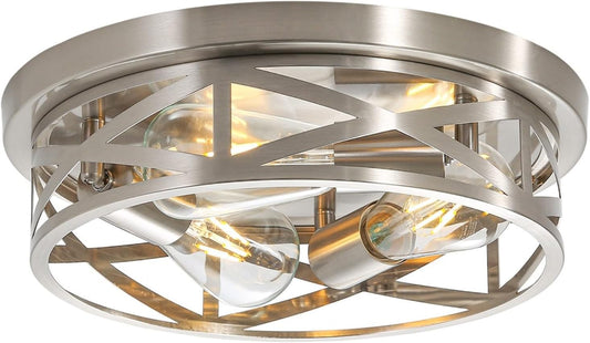 3-Light Close to Ceiling Light Fixtures, 13 Inch Brushed Nickle Flush Mount Ceiling Light Modern Indoor Metal Cage Cross Ceiling Lights for Kitchen Bedroom Laundry Bathroom Foyer Hallway Office