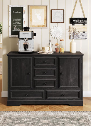 47" Modern Farmhouse Buffet Cabinet with 5 Drawers and Adjustable Shelves, Versatile Sideboard Storage for Dining Room and Kitchen, Black Finish