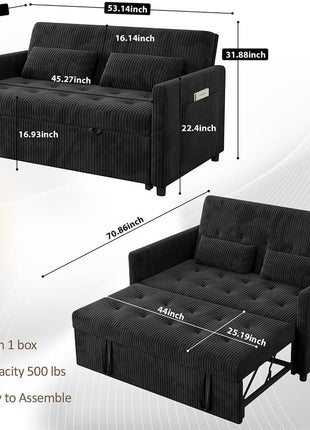 3-in-1 Convertible Loveseat Sofa Bed with Pull-Out Bed, USB Ports, and Pockets - Modern Corduroy Design for Living Room or Bedroom (Black)