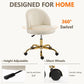 White Vanity Chair with Wheels, Cute Velvet Desk Chair, Height Adjustable, Ergonomic Home Office Desk Chairs, Rolling Vanity Chairs for Living Room/Makeup Room/Bedroom