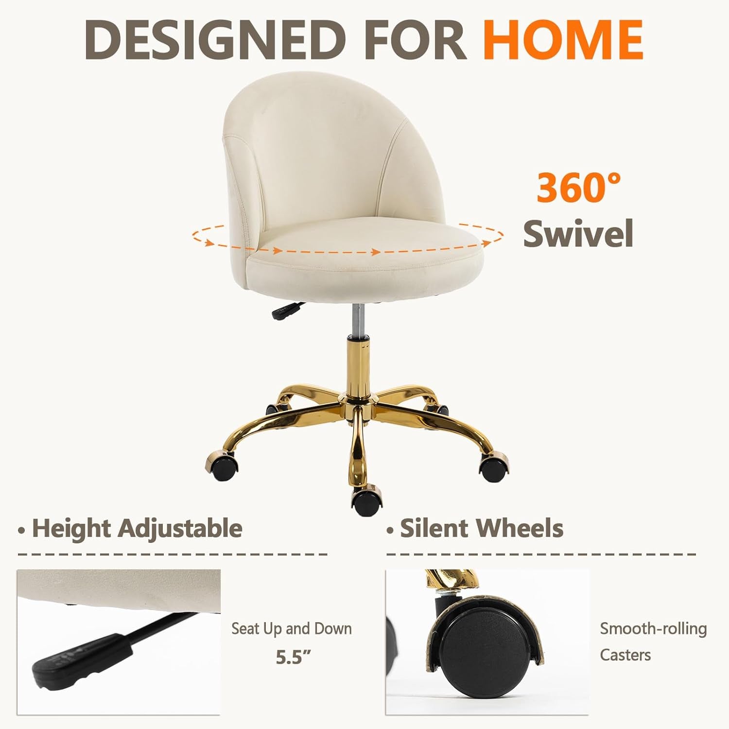 White Vanity Chair with Wheels, Cute Velvet Desk Chair, Height Adjustable, Ergonomic Home Office Desk Chairs, Rolling Vanity Chairs for Living Room/Makeup Room/Bedroom