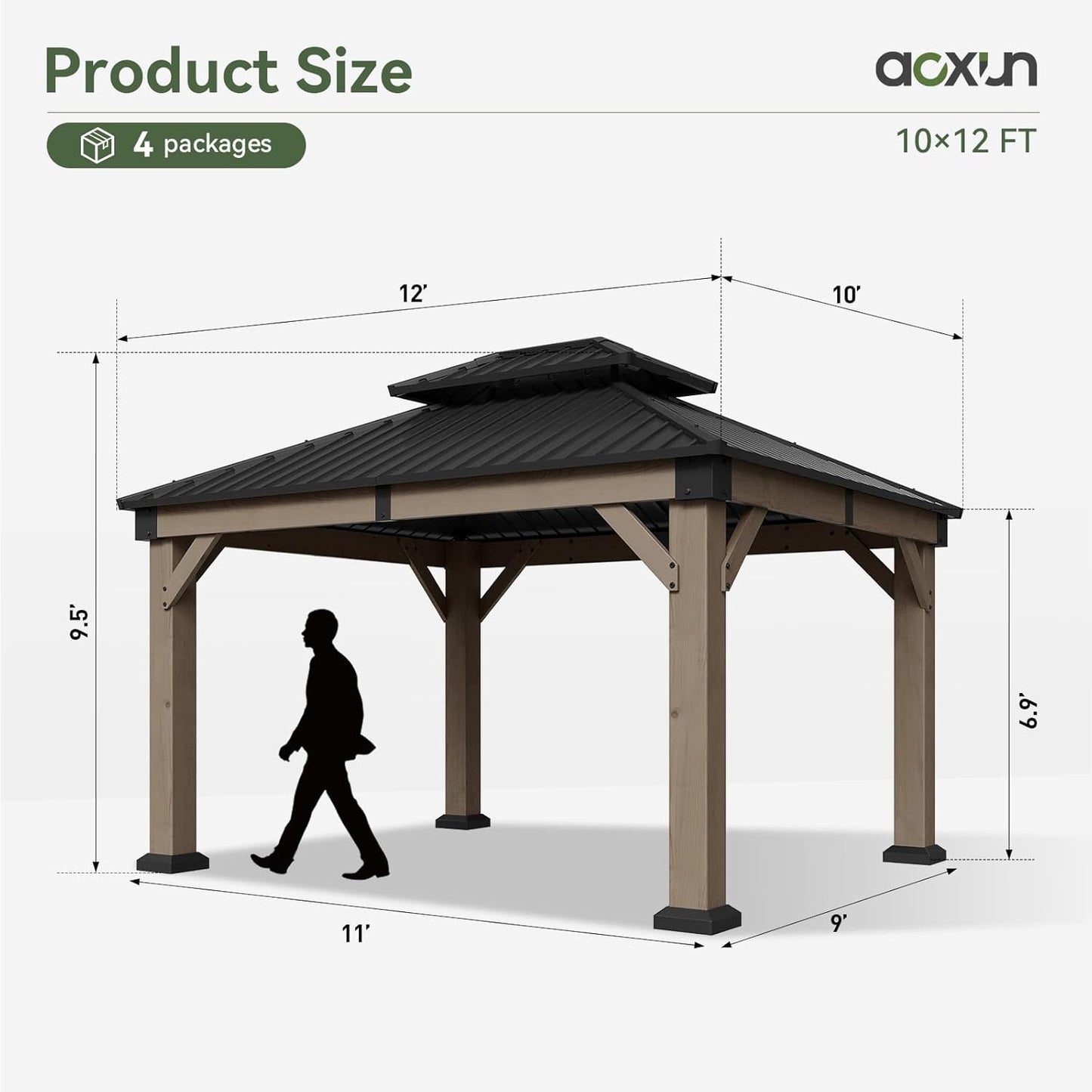 10' X 12' Outdoor Wood Gazebo, Hardtop Gazebo Permanent Wooden Pavilion with Galvanized Steel Double Roof, for Patio, Garden, Deck, Cedar Wood