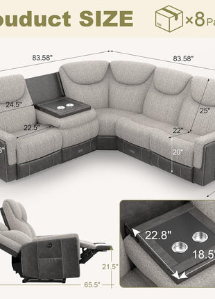 Sophisticated Manual Recliner Sectional Sofa Featuring Flip Middle Backrest, USB Ports, and Cup Holders in Grey Linen & Chocolate Leather Finish, Seats Up to 5 Individuals