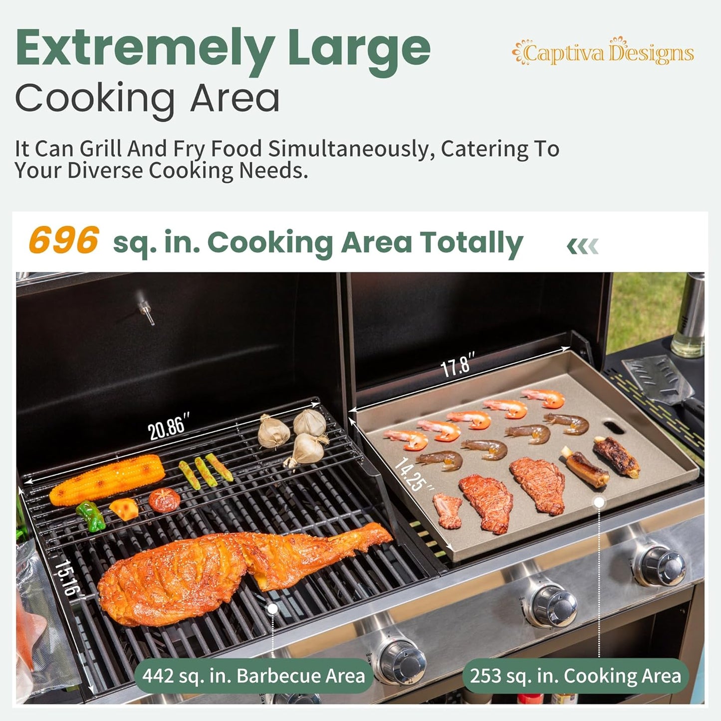 Propane Gas Griddle Grill Combo with Porcelain-Enameled Cast Iron Grate & Cast Iron Pan, Dual BBQ Grill with Flat Top Griddle for Outdoor Kitchen & Backyard Barbecue,696 SQIN Cook Area