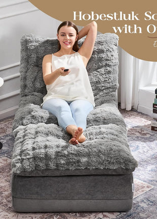 Compact Grey Foam Sofa with Footrest and Recliner for Small Living Spaces, Bedrooms, and Apartments