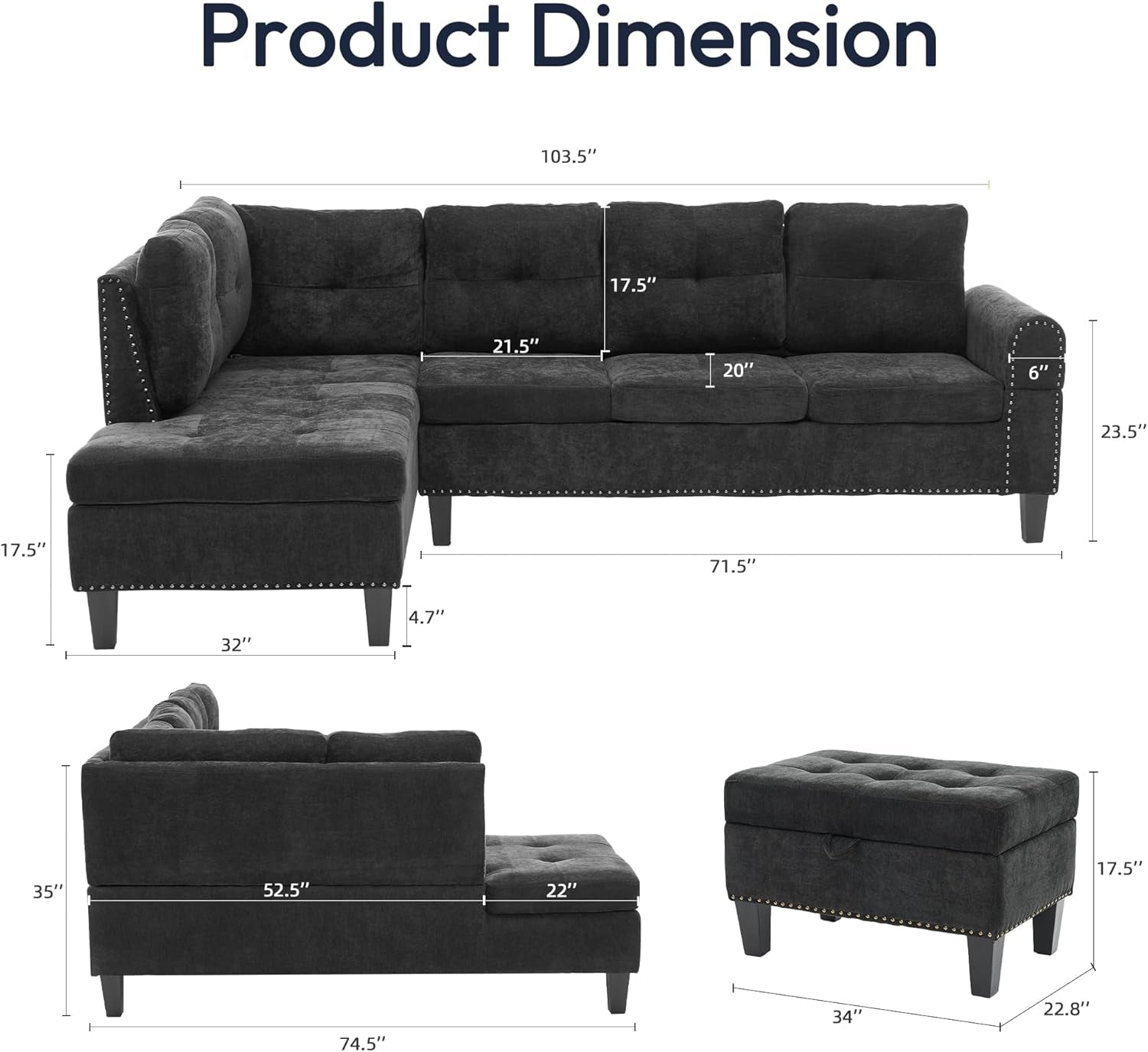 97.5" L Shaped Couch Set, Modular Sectional Couches for Living Room with Storage Ottoman, 4 Seat Home Sofa Living Room Furniture Sets with Chaise for Apartment Office (Linen, Dark Grey)