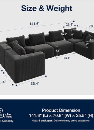 141" 6-Seat Modular Sectional Sofa in Stylish Black Corduroy – Zero Assembly Required, Ideal for Family Gatherings