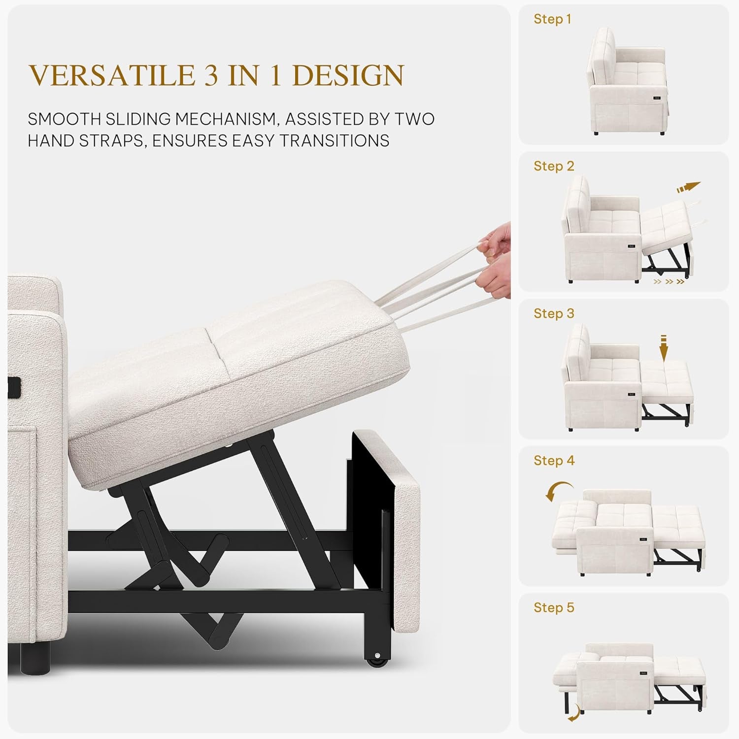 55" Convertible Sofa, 3-In-1 Sleeper Sofa with Pull-Out, Velvet Futon Couch with Adjustable Backrest and USB, Modern Loveseat for Living Room Apartment, Light Beige