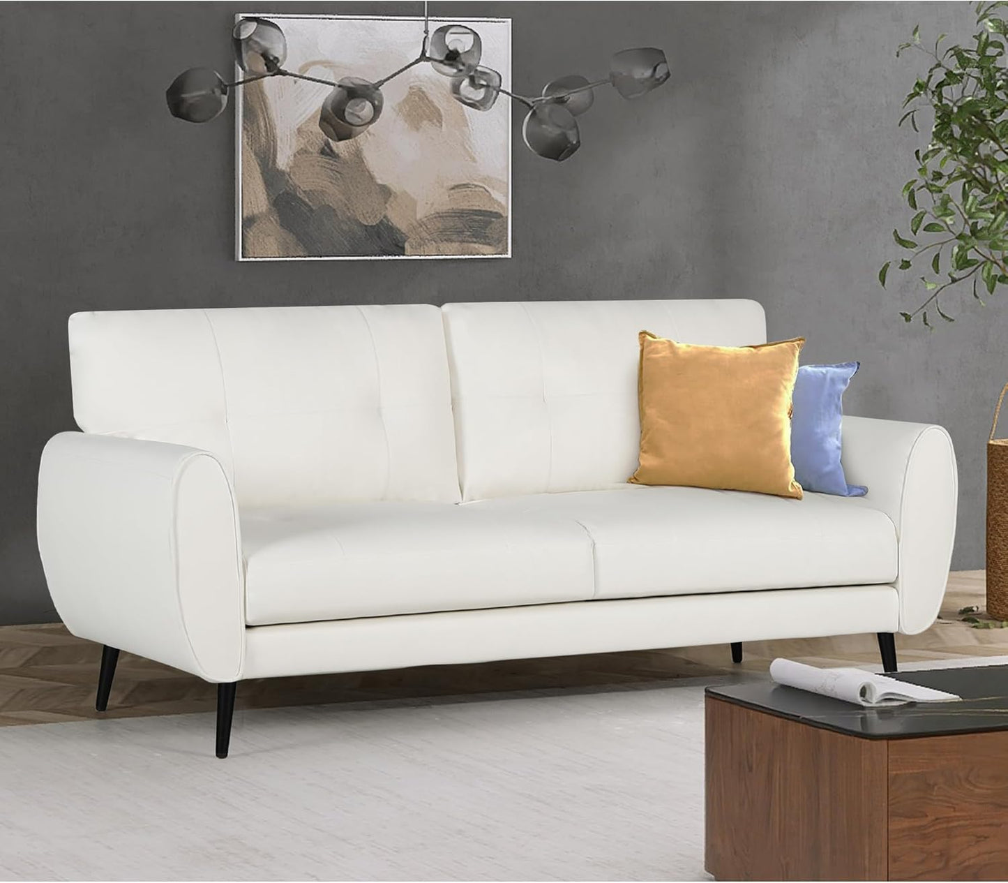 60" Mid-Century Modern White Faux Leather Loveseat, 2-Seater, 27.95" W X 30.7" H, Comfortable Office Sofa for Small Spaces, Bedroom, Apartment