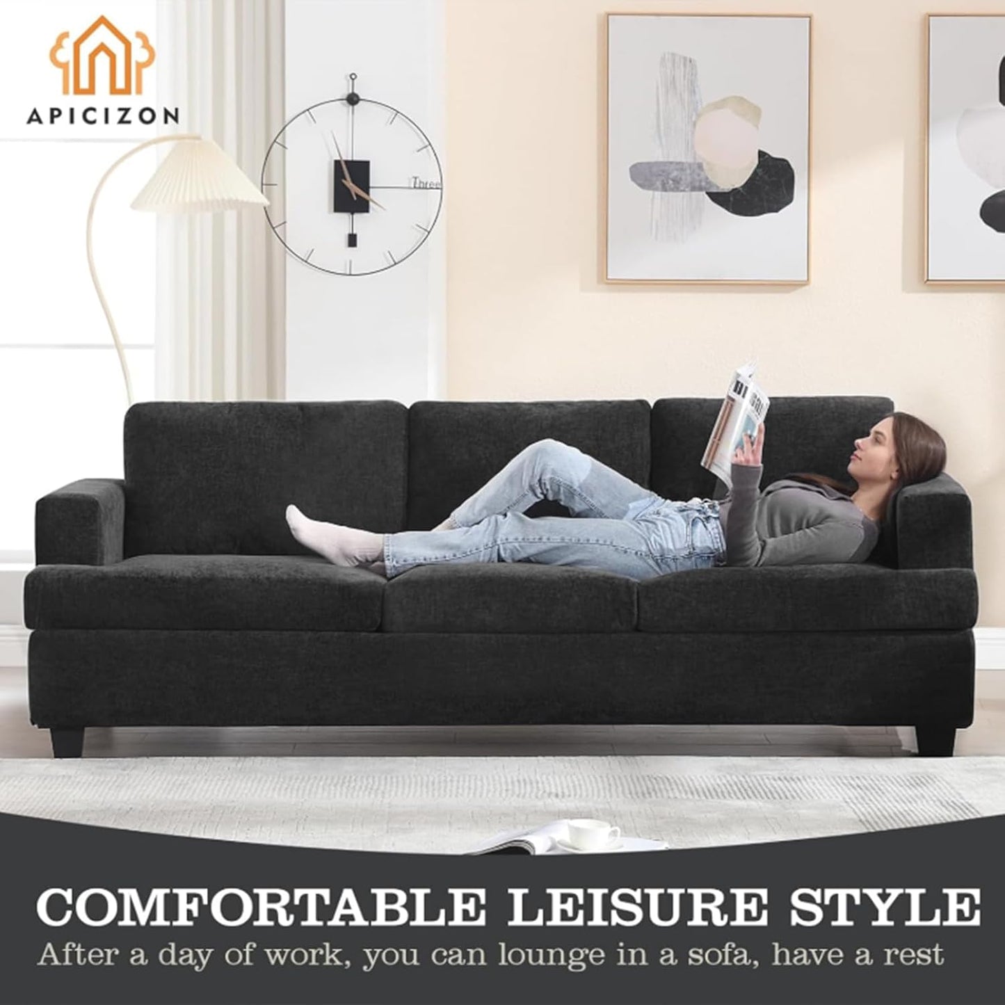 Loveseat & 3 Seater Sofa Sets, Comfy Dark Grey Couch Sofa Set for Living Room Furniture, Modern Lounge Sofa Cloud Couch for Apartment Lounge, Black Chenille