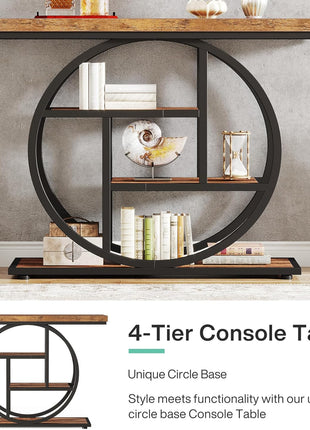 41.3" Industrial Console Table with Circular Base, 4-Tier Narrow Wood Accent Table Featuring Storage Shelves for Living Room, Hallway, and Foyer in Rustic Brown