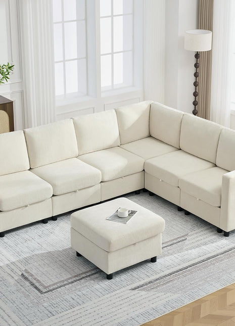 104'' V-Shaped Modular Sectional Sofa with Storage, 7-Seater Modern Cloud Couch and Movable Ottoman in Chenille Beige