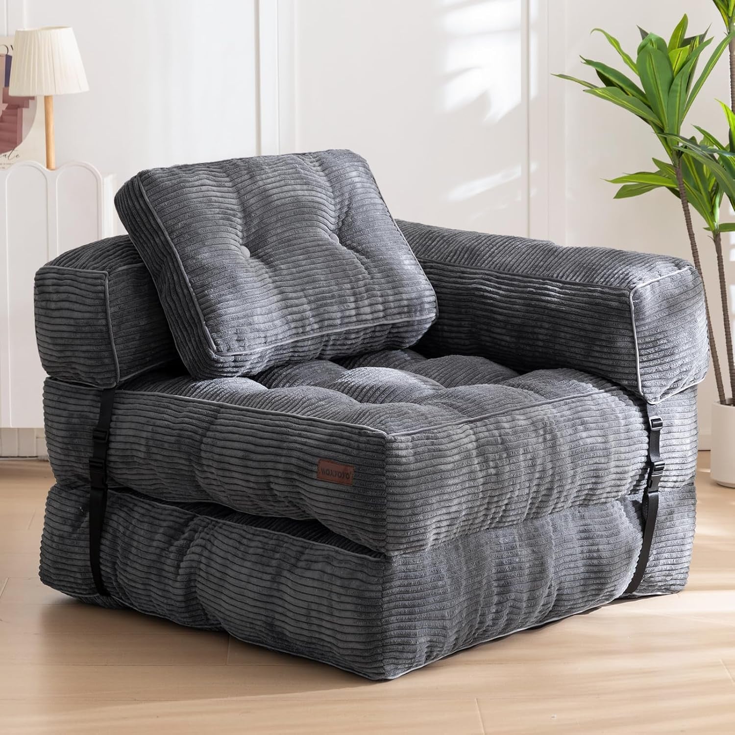 Folding Sofa Bed, L-Shaped Convertible Sofa Bed with Armrest Foldable Sleeper Sofa with Pillow, Portable Fold Out Chair Bed Comfy Floor Lounge for Living Room Bedroom, Dark Grey