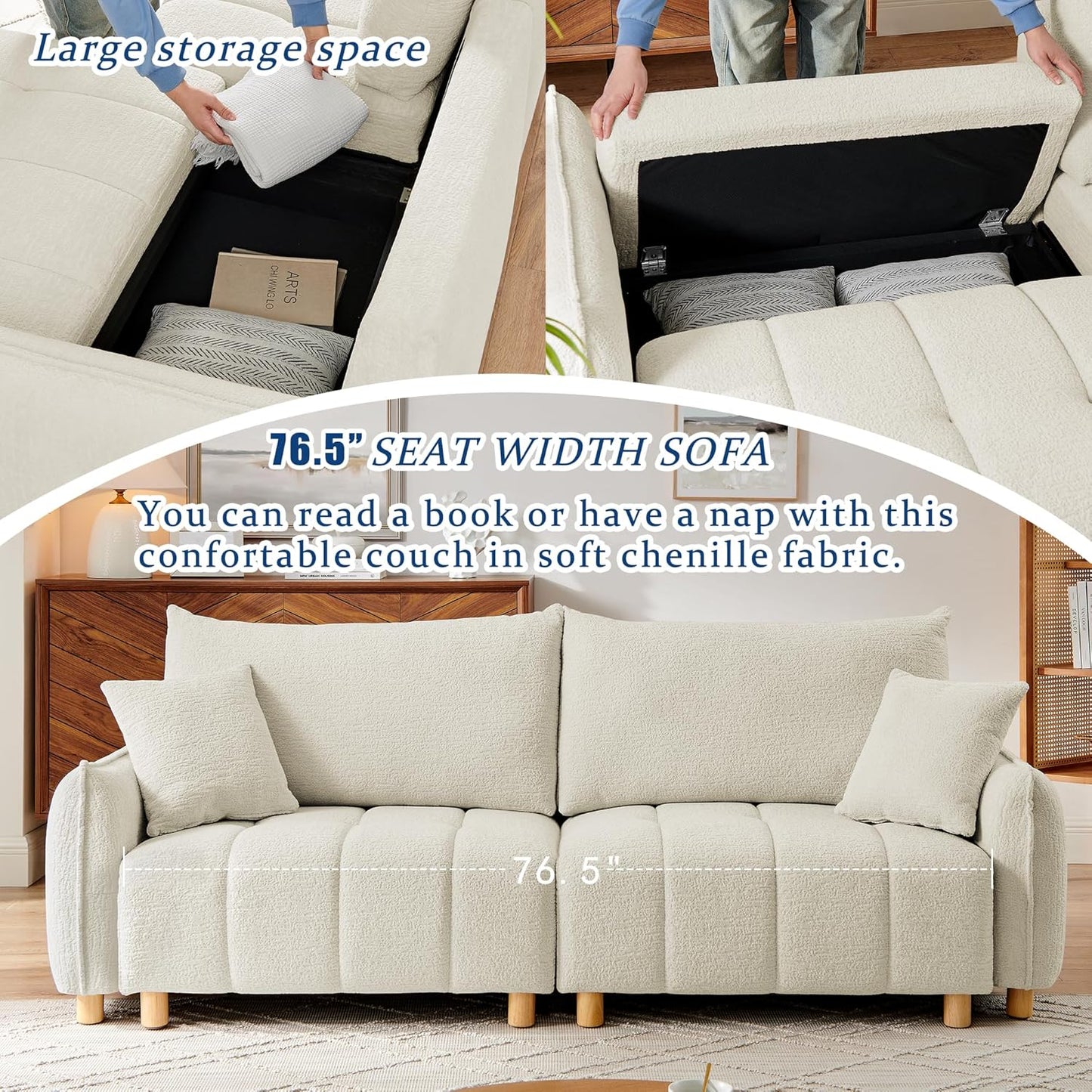 Sleeper Sof Bed Convertible Couch with Storge in Chenille Fbric Loveset for Living Room prtment nd Smll Spces(Crem)