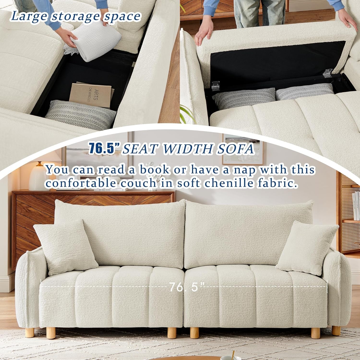 Sleeper Sof Bed Convertible Couch with Storge in Chenille Fbric Loveset for Living Room prtment nd Smll Spces(Crem)