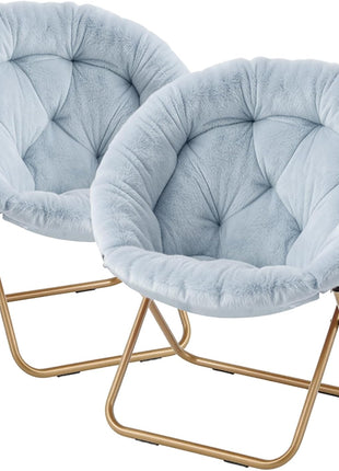 Set of 2 Adult Faux Fur Saucer Chairs - Comfortable Lounge Seating for Living Room, Bedroom, Dorm, and Apartment with Thick Padding and Folding Metal Frame (Blue)