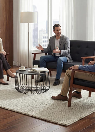 Mid-Century Modern 1 Loveseat Sofa and 2 Accent Chairs Set with Wooden Armrests for Living Room (Model 8428, Black)