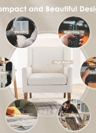 Contemporary Upholstered Wingback Accent Chair with Lounge Seat and Wooden Legs for Office, Bedroom, and Reading Spaces in Beige