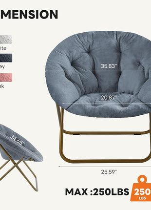 X-Large Faux Fur Saucer Chair - Contemporary Folding Lounge Chair with Plush Padded Seat and Sturdy Metal Frame for Living Room, Bedroom, and Dormitory in Classic Gray