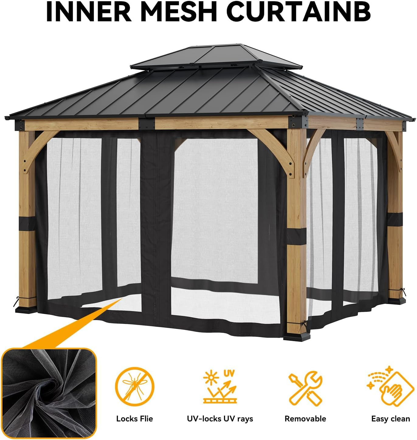 10X12 Ft Cedar Wood Gazebo with Translucent Roof, Hardtop Gazebo with Galvanized Steel Double Roof and Mosquito Netting, Heavy Duty Pavilion for Patio Lawn and Garden