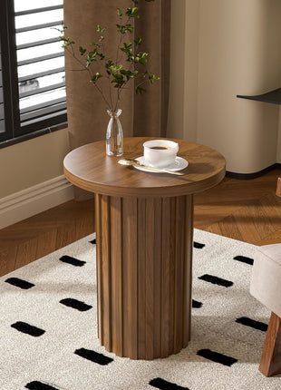 Farmhouse Round Pedestal End Table with Fluted Panel - Rustic Walnut Side Table for Compact Living Areas