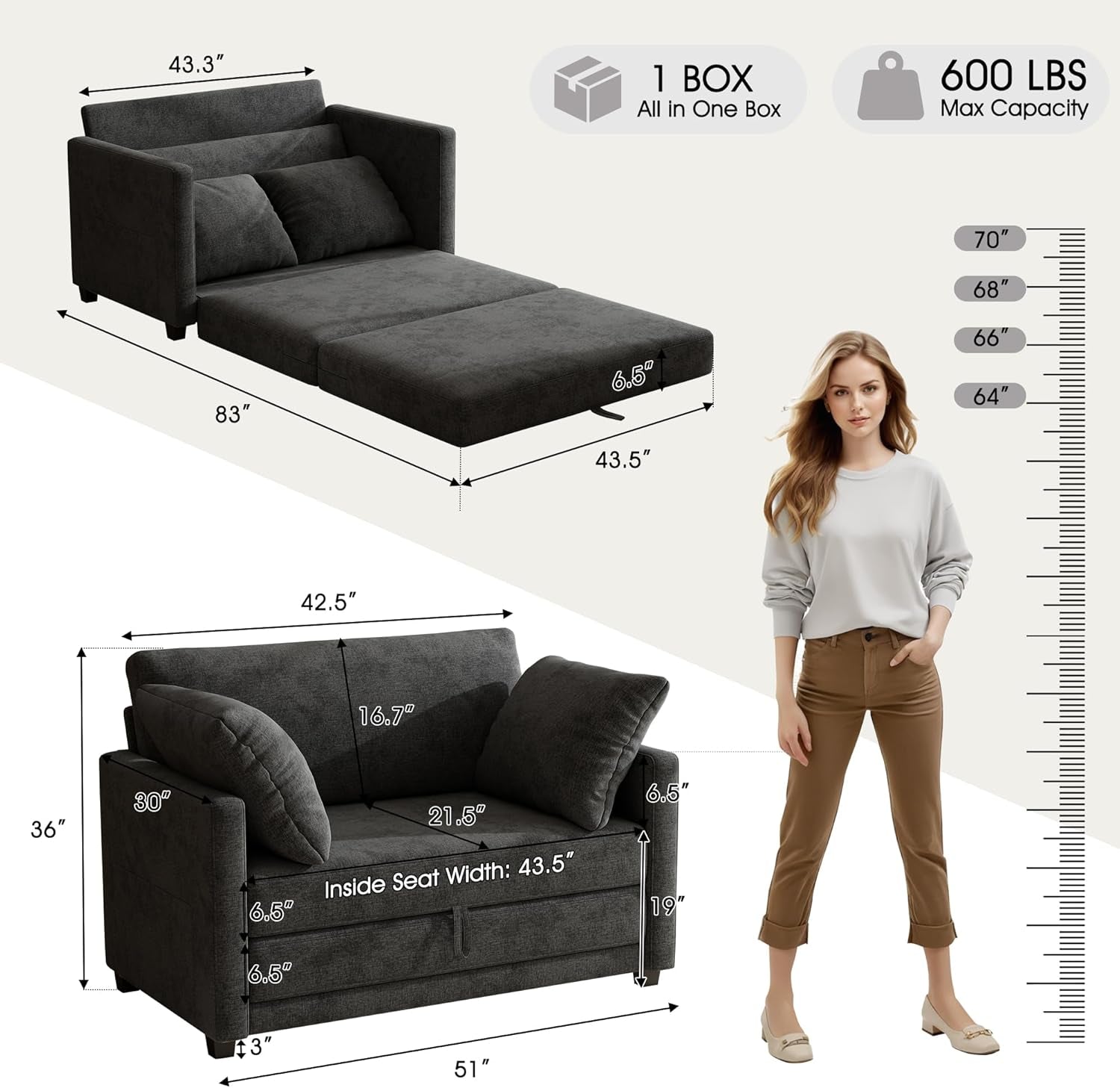 51" Loveseat Sleeper Sofa Bed, Chenille Convertible Floor Sofa Bed for Small Spaces, Folding Couch Bed with Deep Seat, 2 Pillows & Solid Frame, Pull Out Floor Couch for Living Room, Black