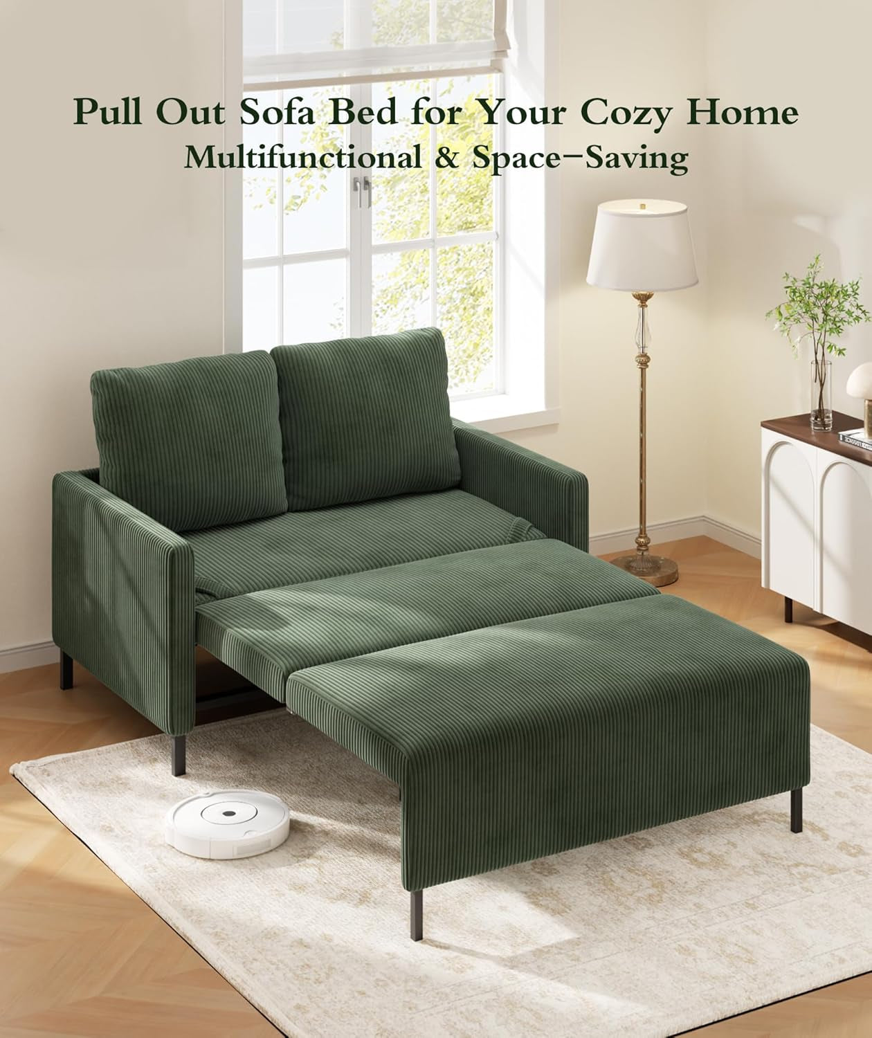 Corduroy Convertible Sofa Bed, 47" Loveseat Sleeper Sofa, Pull Out Couch 618Lb Capacity, Modern Sleeper Couch Bed 2 Fluffy Pillow Include, Small Couches for Small Spaces/Apartment/Office, Forest Green