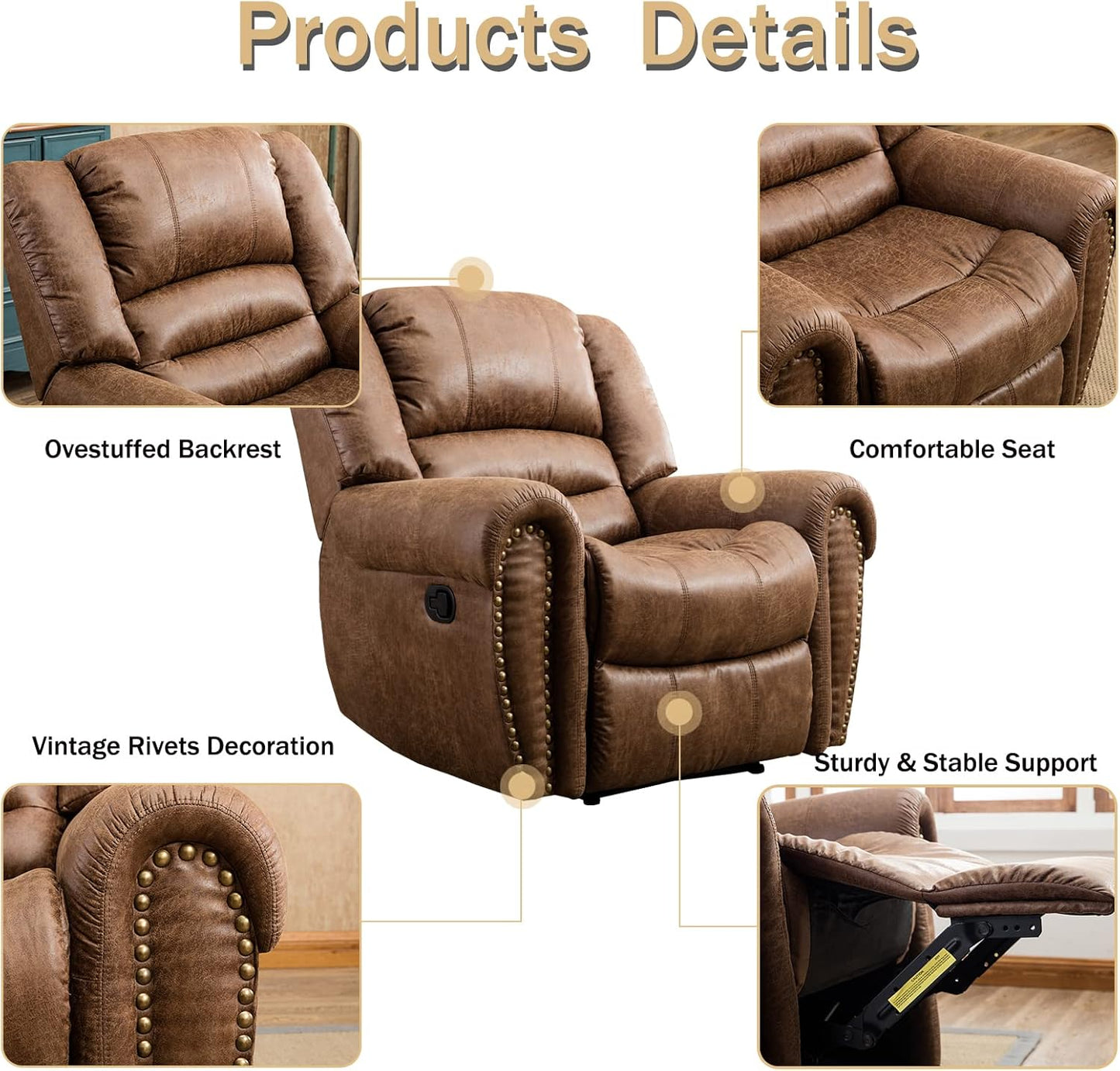 Leather Recliner Chair, Classic and Traditional Manual Recliner Chair with Comfortable Arms and Back Single Sofa for Living Room, Nut Brown