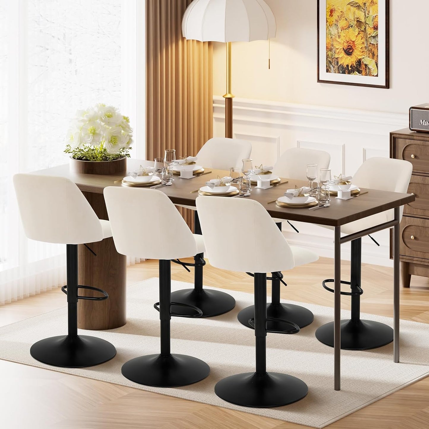 Bar Stools Set of 2, Modern Swivel Bar Chairs, Adjustable Upholstered Barstools Counter Height with Full Backrest for Bar, Dining Room, Kitchen Island, Beige