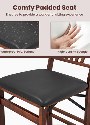 Set of 2 Folding Dining Chairs, Upholstered Wooden Chairs with PVC Padded Seat, Solid Wood Frame, 400LBS Capacity for Kitchen and Apartment (Black & Brown)