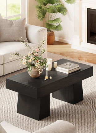 Farmhouse Rectangular Coffee Table - 47-Inch Wooden Accent Table with Sturdy Base for Modern Living Room (Black)