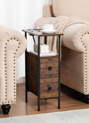 Narrow Nightstand Set with Charging Station - Pair of Slim End Tables for Living Room and Bedroom, Rustic Brown Finish with Fabric Drawers, Perfect for Compact Spaces