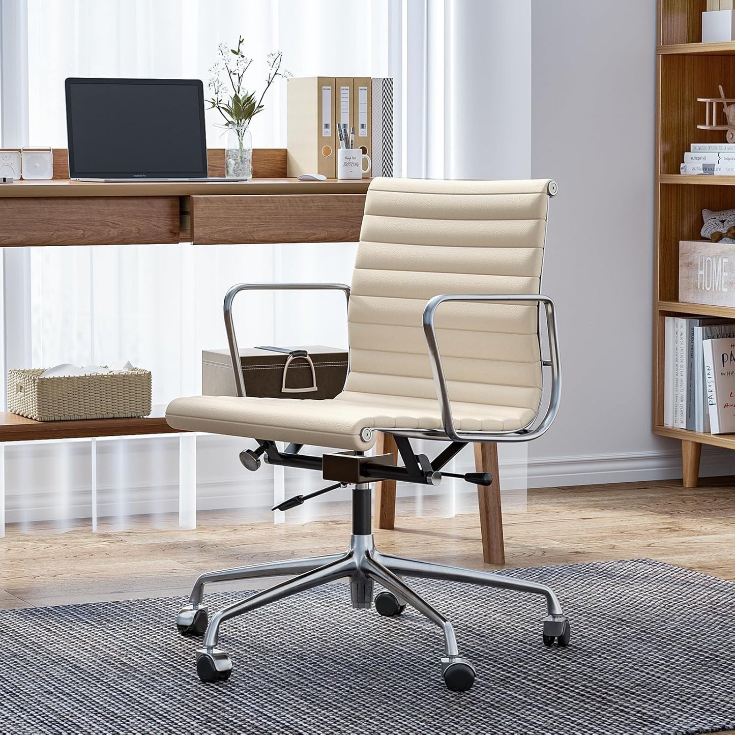 Ribbed Office Chair with Top Grain Leather - Mid Back Ergonomic Desk Chair with Aluminum Arms & Frame, Swivel Wheels & Tilt Function, Adjustable Height