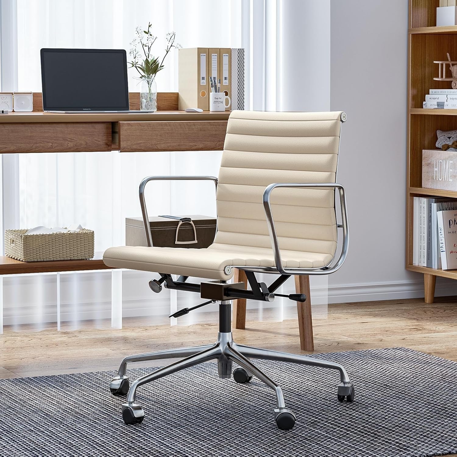 Ribbed Office Chair with Top Grain Leather - Mid Back Ergonomic Desk Chair with Aluminum Arms & Frame, Swivel Wheels & Tilt Function, Adjustable Height