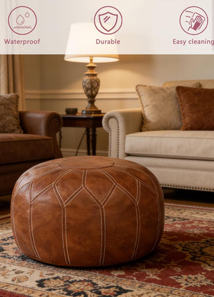 Handcrafted Moroccan Faux Leather Pouf Ottoman with Storage - Versatile Bohemian Chic Footrest for Living Room, Bedroom, and Patio - Round Ethnic Floor Cushion and Decorative Accent in Brown