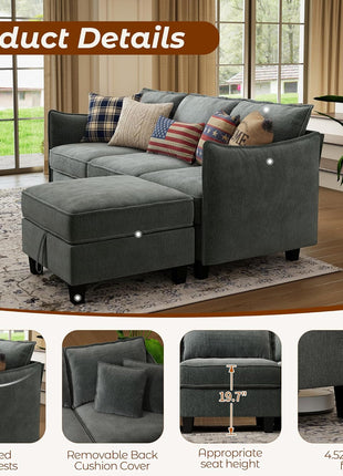 L-Shaped Modular Sectional Sofa with Storage Ottoman and Washable Cushion Covers for Living Room, Apartment, or Bedroom in Grey