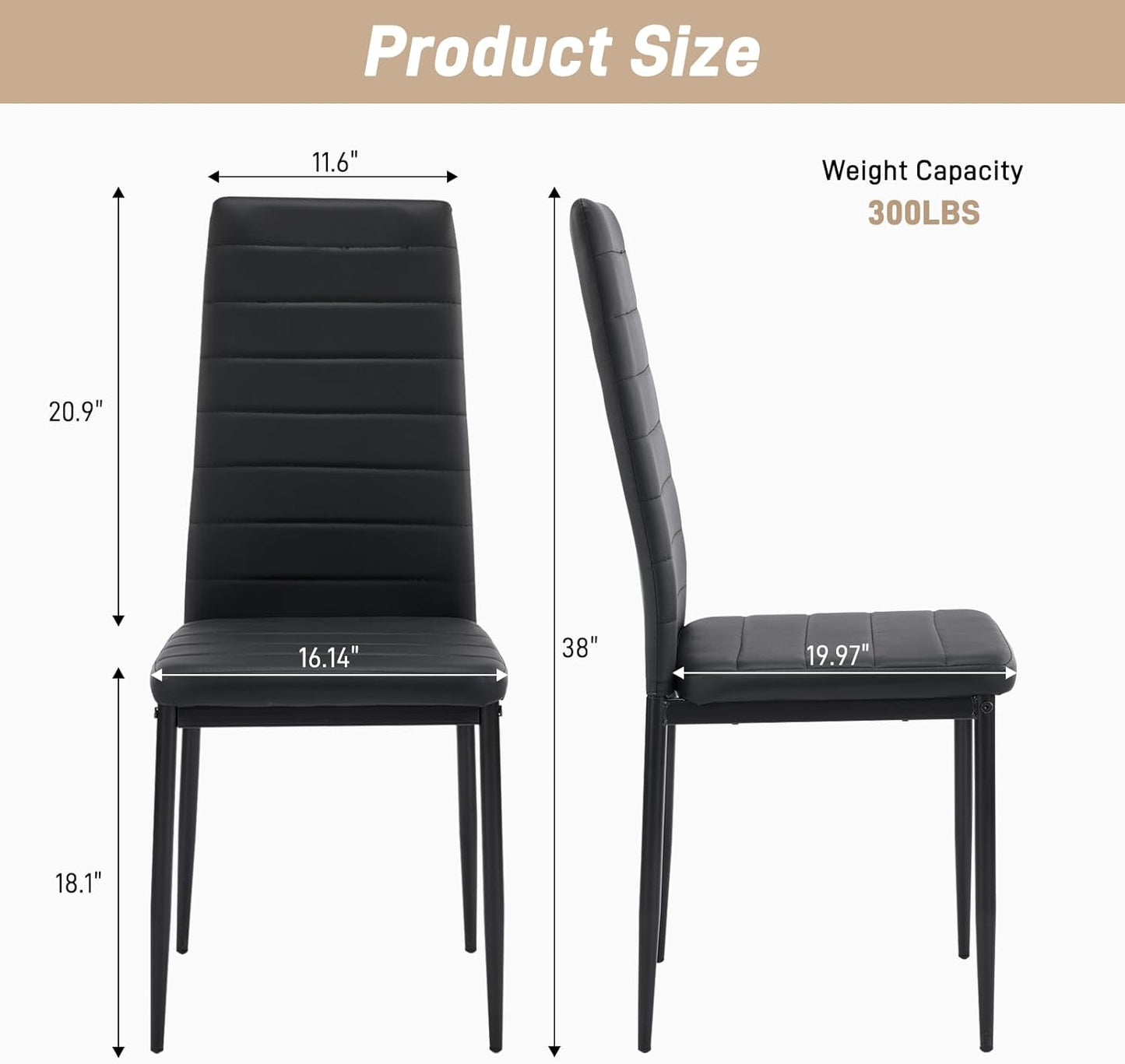 Dining Chairs Set of 4, PU Leather Balck Kitchen Chairs with Padded High Back & Foot Cap Protection for Dining Kitchen Living Room,300Lbs Capacity,Space-Saving