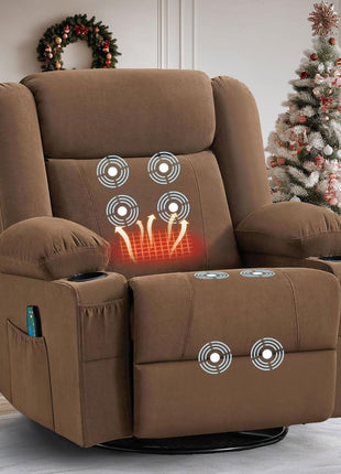 8-Point Massage Recliner Chair with Heated Rocking Feature for Adults, Oversized Recliner with Side Pocket and Two Cup Holders for Living Room Use