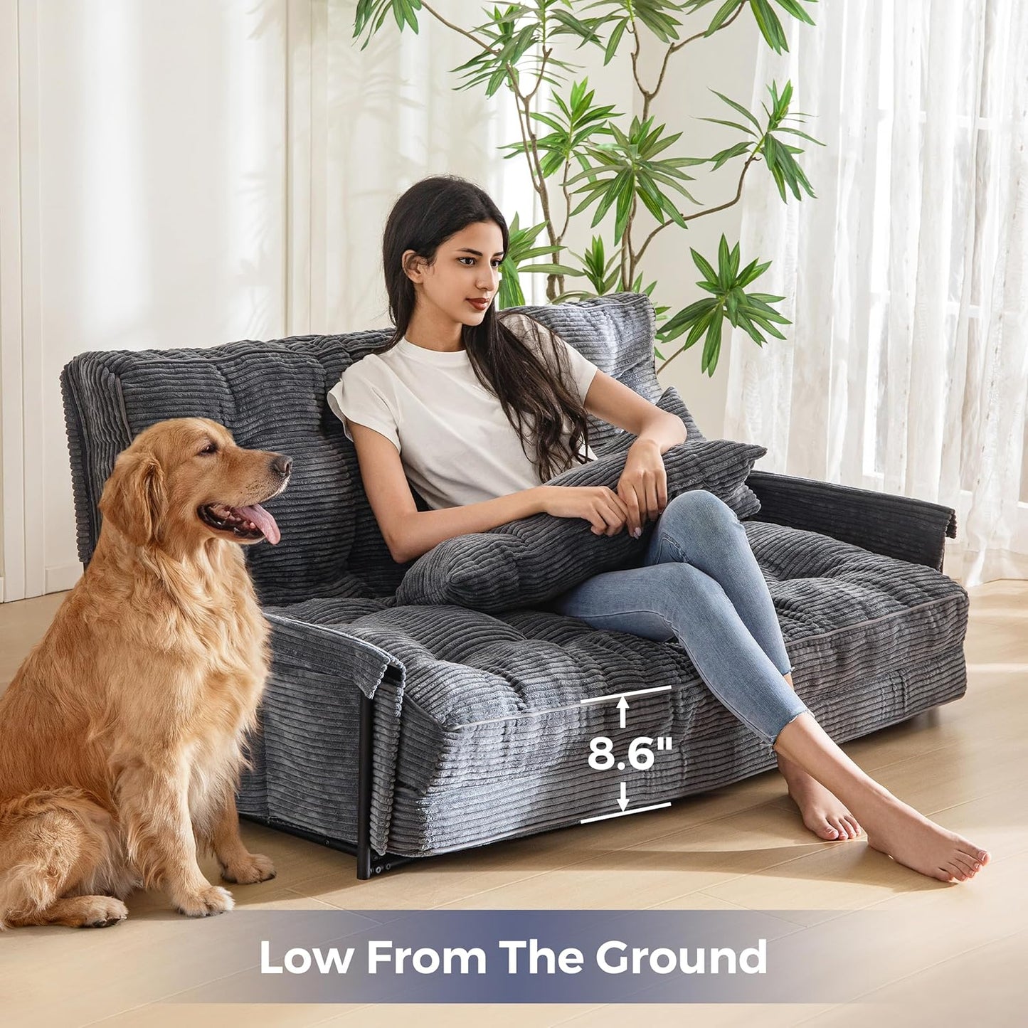 Adjustable Floor Sofa Couch with 2 Pillows, Multi-Functional Bean Bag Bed, 5-Position Foldable Lazy Sofa Sleeper Bed with Armrest, Versatile Floor Seating for Reading, Dark Grey, Double