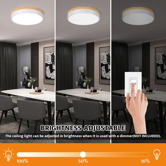 Dimmable Wood LED Flush Mount Ceiling Light, 5CCT 2700K-6000K Modern round Close to Ceiling Lighting Fixtures, Minimalist White Ceiling Lamp for Bedroom, Kitchen, Hallway, Laundry Room