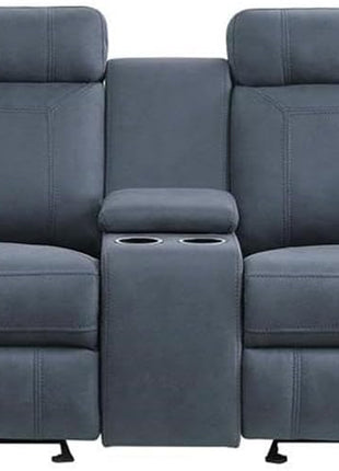Glider Motion Loveseat Recliner with Stainless Steel Cup Holders and Central Storage Console, Upholstered Reclining Sofa for Living Room and Home Theatre, Polished Blue Microfiber Finish