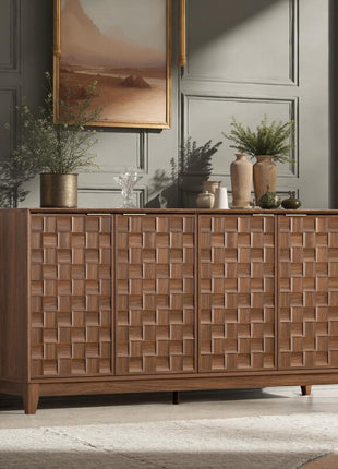 Mid-Century Modern Fluted Sideboard Cabinet - Solid Wood Buffet with Adjustable Shelves, Walnut Finish, and Black Accents for Dining Room Storage