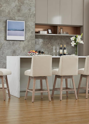 Set of 2 Contemporary 26" Swivel Bar Stools with Backrest, Linen Upholstered Counter Height Seating with Wooden Legs for Kitchen Island and Dining Area