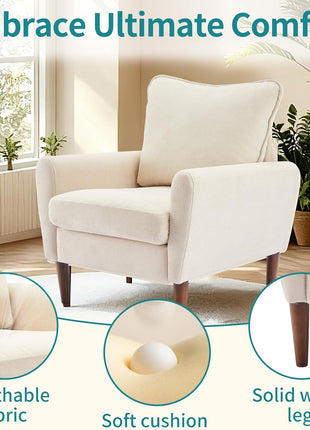 Mid-Century Upholstered Accent Chair with Pillow and Solid Wood Legs for Living Room, Bedroom, and Waiting Areas - Wide Single Modern Lounge Sofa in Beige