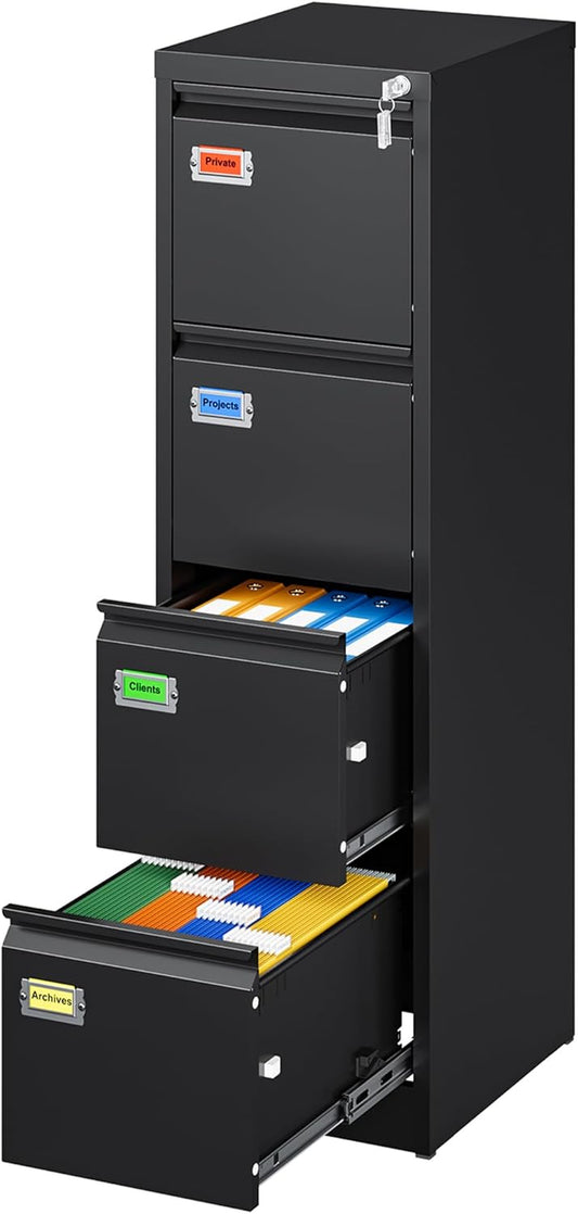 4 Drawer File Cabinet, Vertical Filing Cabinets with Lock, Metal File Cabinets for Home Office, Anti-Tip 4 Storage Drawers for Letter/Legal/A4/F4 Size (Assemble Required, Black)