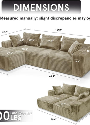 109" L-Shaped Modular Sectional Sofa with Deep Seating, Corduroy Upholstery, Comfortable Sleeper Futon Bed, Left Facing Configuration