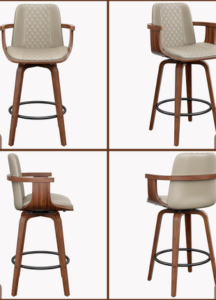 26-Inch Swivel Counter Height Bar Stools with Wooden Legs and Backs, Upholstered PU Leather Bentwood Frame Chairs with Armrests for Kitchen Islands and Dining Rooms in Greige