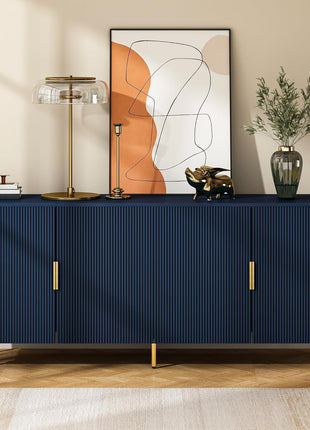 65-Inch Contemporary Fluted Sideboard Buffet Cabinet with Storage, 4 Doors and Adjustable Shelves, Perfect for Kitchen, Dining Room, Living Room, Hallway, and Entryway in Blue