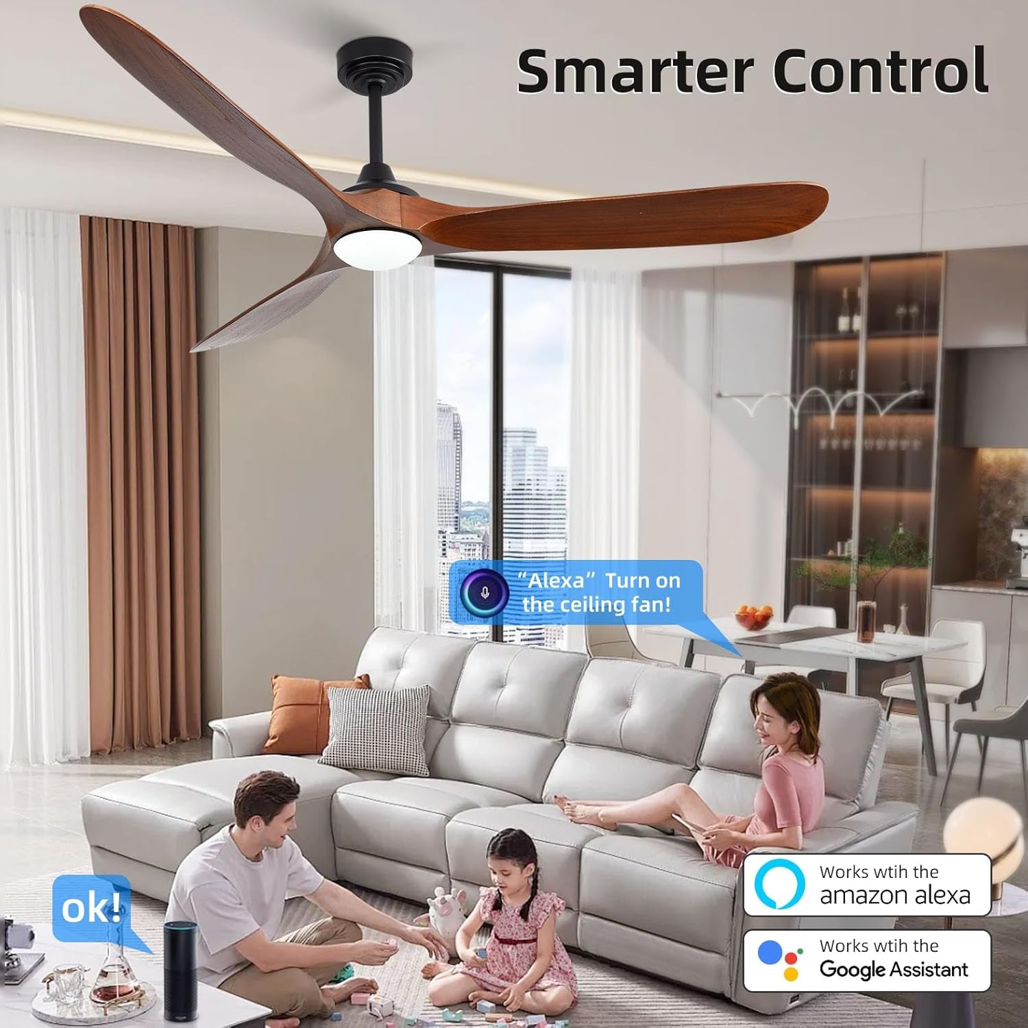 Ceiling Fan with Lights, 72'' Solid Wood Indoor/Outdoor Ceiling Fan with Quiet Reversible DC Motor, Control with WIFI Alexa App, 3CCT Dimmable, 6 Speeds Walnut Outdoor Fan for Patio Porch